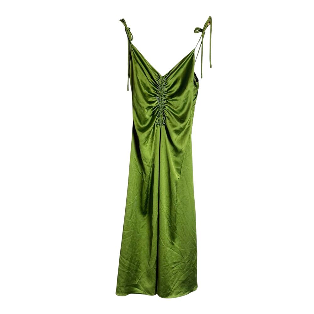 Sandro Zola Green Satin Ruched Front Tie Strap Slip Cocktail Midi Dress Size 4 - Picture 5 of 15